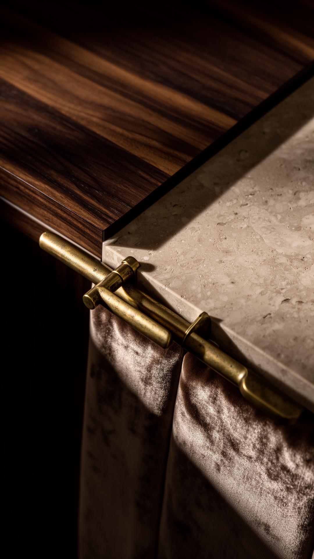 Layered materials: brass, walnut, stone, and velvet